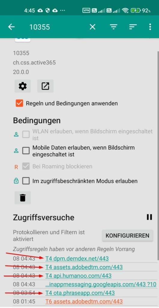 Über eine Sicherheits-App kann ich in den Protokollen die Verbindungen der APP nachverfolgen