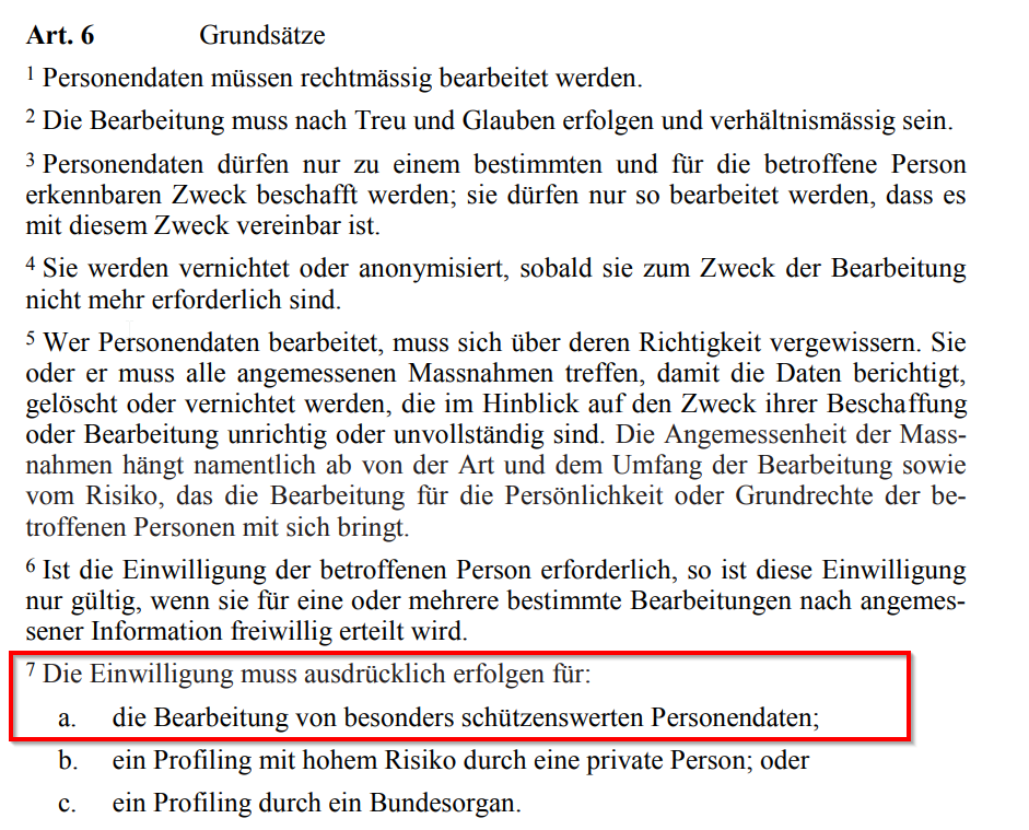 Auszug Artikel 6 aus dem schweizerischen Datenschutzgesetz